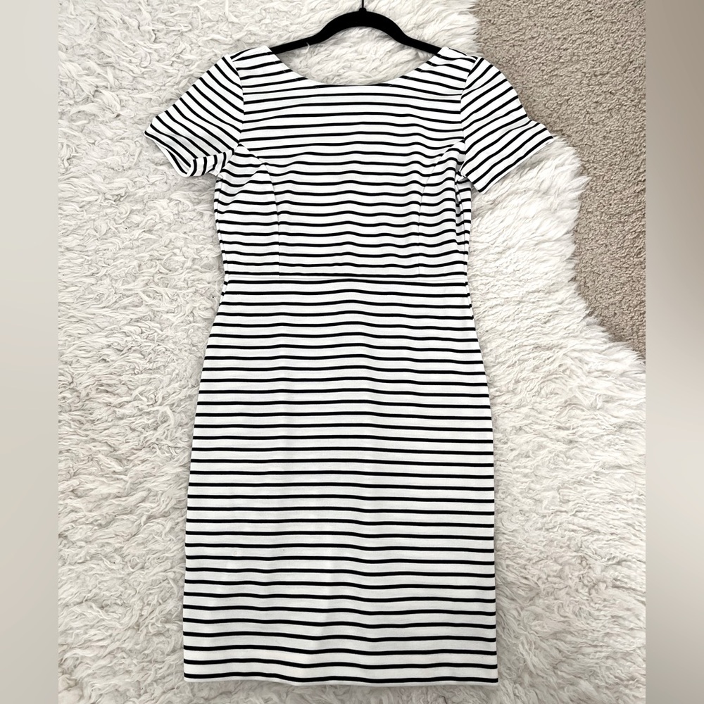 Ann Taylor Curvy Fit Black and White Striped Business Casual Dress